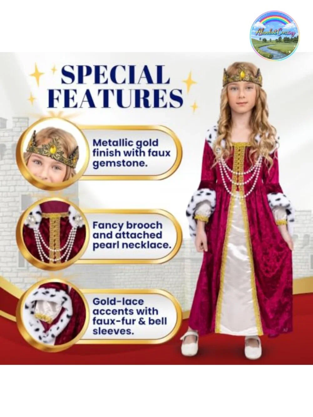 Girls Queen Costume Renaissance Gown Crown Set Dress Up